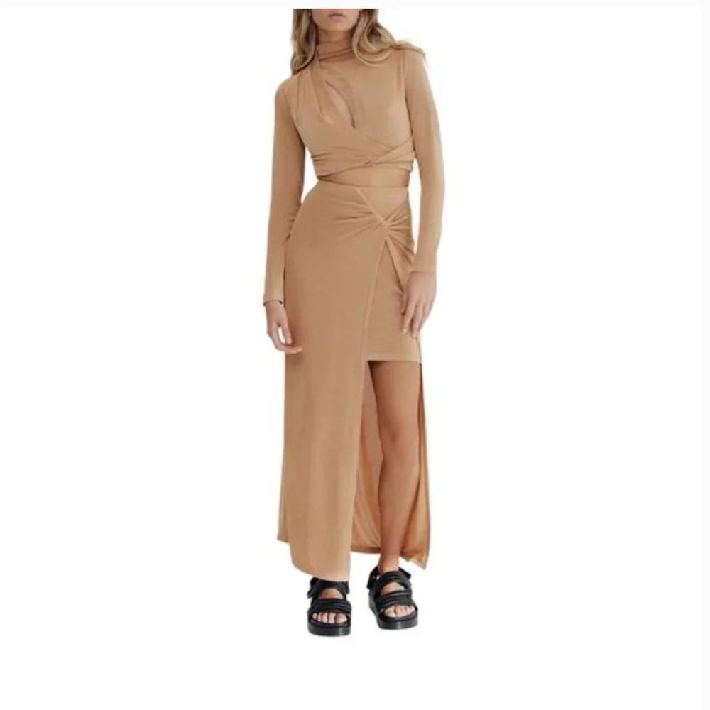 NWT Significant Other Ivy Mini Skirt Midi Overlay Sand Gold Tan US Size 6